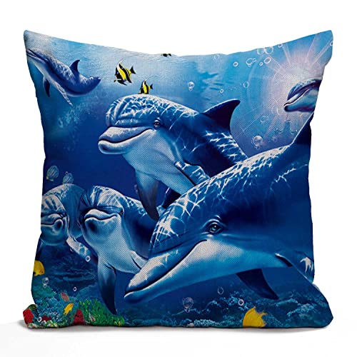 Tomda Blue Sea World Kissenbezug, Korallen-Delfin, Baumwolle, Jute, Leinen, Kissenbezug, Sofa, Outdoor, dekorativ, quadratisch, 45 x 45 cm von Tomda