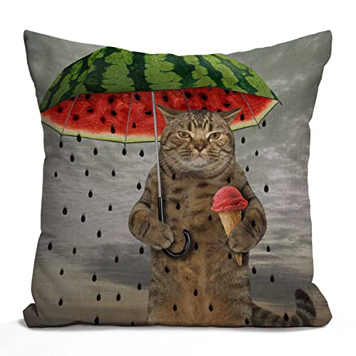 Tomda Lustiger Kissenbezug mit Tierkatze, Motiv: Die niedliche Katze hält einen Regenschirm in einer Pfote und Fruchteis in anderem, dekorativer Kissenbezug, Baumwollleinen, 45 x 45 cm Tomda Lustiger Kissenbezug mit Tierkatze, Motiv: Die niedliche Katze hält einen Regenschirm in einer Pfote und Fruchteis in anderem, dekorativer Kissenbezug, Baumwollleinen, 45 x 45 cm von Tomda