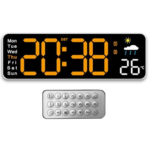 Tomedeks Wanduhr Digital 12 Zoll LED Wanduhr Groß Display Digital Uhr mit Fernbedienung Countdown Einstellbarer Helligkeit Wanduhr mit Uhrzeit/Datum/Temperatur für Wohnzimmer Küche Büro Gym(Orange) von Tomedeks
