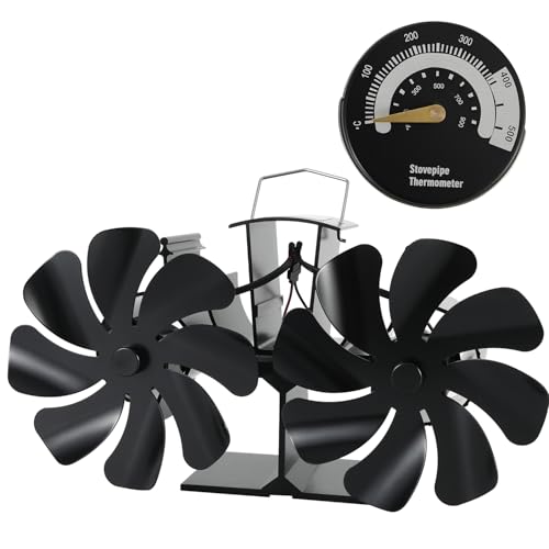 Tomersun Kaminofenventilator mit Doppelmotoren, 16 Flügeln mit Thermometer, leiser Betrieb, wärmebetriebene Feuerventilatoren für oder Holzbrenner/Kaminofen von Tomersun