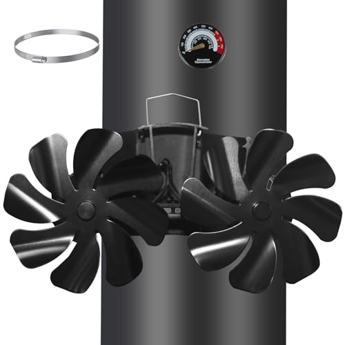 Tomersun Kaminventilator Magnetisch, Ofenventilator Ohne Strom mit 16 Blättern, Leiser Kamin Ventilator Kaminlüfter für Holz/Brennholz/Feuerstelle/Ofenrohr Mit Thermometer und 1pcs Ersatzteil Ring von Tomersun