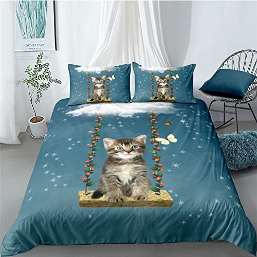 Bettwäsche Kinder Mädchen Katze Katzen-Motiv 155x220 cm Bettbezug mit Reißverschluss, Kätzchen weich und kuschelig, Katzen-Fan Jugendliche Bettwäsche-Set Kissenbezug 80x80cm von Tomifine