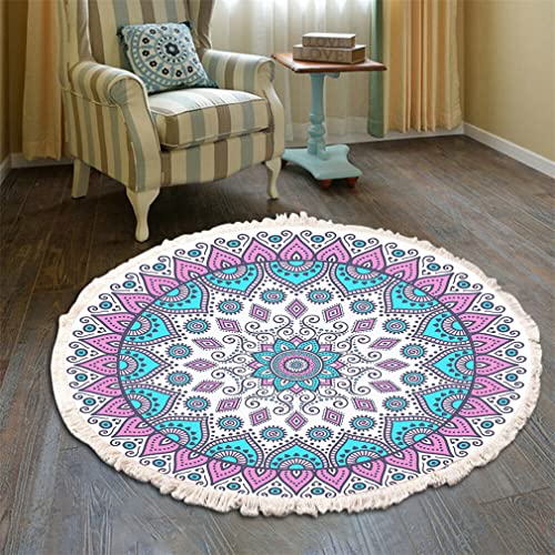 Teppich Rund Bohemian Blume Groß Teppich Mandala Muster Quasten Waschbarer Baumwolle Teppich Wohnzimmer Schlafzimmer (100cm,Blau-Rosa) von Tomifine