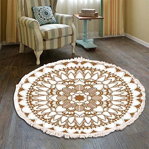 Teppich Rund Bohemian Blume Groß Teppich Mandala Muster Quasten Waschbarer Baumwolle Teppich Wohnzimmer Schlafzimmer (100cm,Braun) von Tomifine