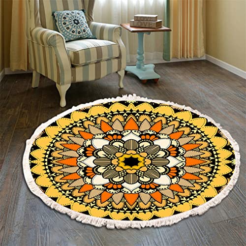 Teppich Rund Bohemian Blume Groß Teppich Mandala Muster Quasten Waschbarer Baumwolle Teppich Wohnzimmer Schlafzimmer (100cm,Gelb-Schwarz) von Tomifine