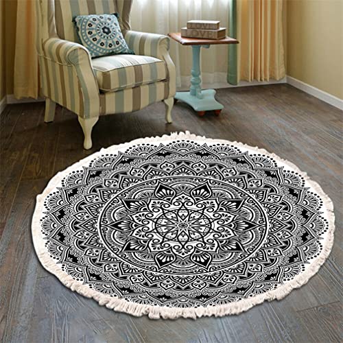 Teppich Rund Bohemian Blume Groß Teppich Mandala Muster Quasten Waschbarer Baumwolle Teppich Wohnzimmer Schlafzimmer (100cm,Weiß-Schwarz) von Tomifine
