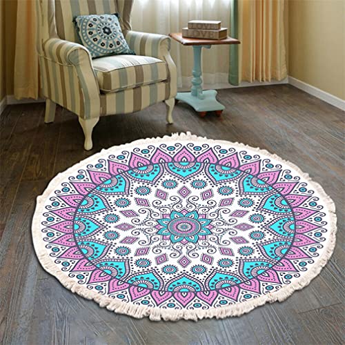 Teppich Rund Bohemian Blume Groß Teppich Mandala Muster Quasten Waschbarer Baumwolle Teppich Wohnzimmer Schlafzimmer (120cm,Blau-Rosa) von Tomifine