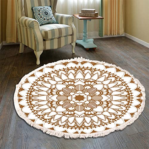 Teppich Rund Bohemian Blume Groß Teppich Mandala Muster Quasten Waschbarer Baumwolle Teppich Wohnzimmer Schlafzimmer (120cm,Braun) von Tomifine