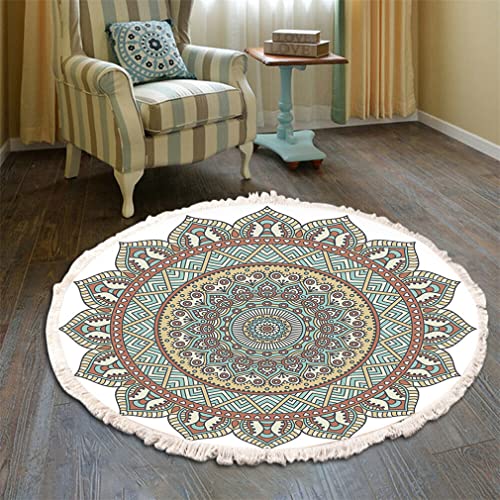 Teppich Rund Bohemian Blume Groß Teppich Mandala Muster Quasten Waschbarer Baumwolle Teppich Wohnzimmer Schlafzimmer (120cm,Grün-Gelb) von Tomifine