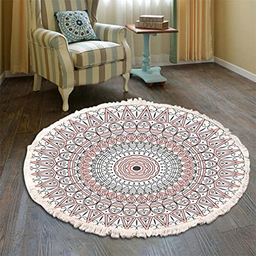 Teppich Rund Bohemian Blume Groß Teppich Mandala Muster Quasten Waschbarer Baumwolle Teppich Wohnzimmer Schlafzimmer (120cm,Rosa) von Tomifine