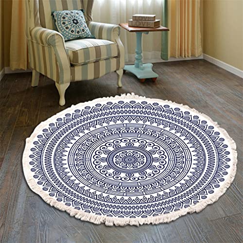 Teppich Rund Bohemian Blume Groß Teppich Mandala Muster Quasten Waschbarer Baumwolle Teppich Wohnzimmer Schlafzimmer (150cm,Blau) von Tomifine