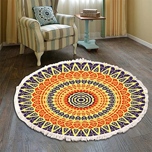 Teppich Rund Bohemian Blume Groß Teppich Mandala Muster Quasten Waschbarer Baumwolle Teppich Wohnzimmer Schlafzimmer (150cm,Orange-Schwarz) von Tomifine