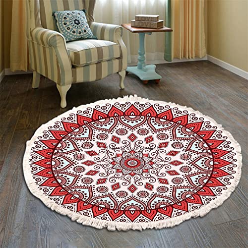 Teppich Rund Bohemian Blume Groß Teppich Mandala Muster Quasten Waschbarer Baumwolle Teppich Wohnzimmer Schlafzimmer (200cm,Rot) von Tomifine