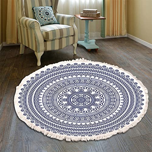 Teppich Rund Bohemian Blume Groß Teppich Mandala Muster Quasten Waschbarer Baumwolle Teppich Wohnzimmer Schlafzimmer (60cm,Blau) von Tomifine