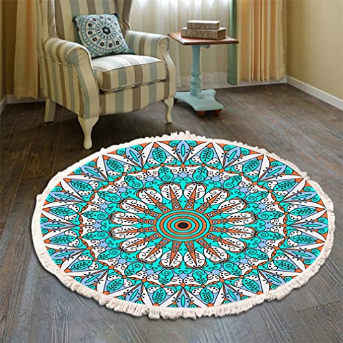 Teppich Rund Bohemian Blume Groß Teppich Mandala Muster Quasten Waschbarer Baumwolle Teppich Wohnzimmer Schlafzimmer (60cm,Blau-Rot) von Tomifine