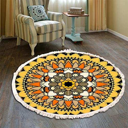 Teppich Rund Bohemian Blume Groß Teppich Mandala Muster Quasten Waschbarer Baumwolle Teppich Wohnzimmer Schlafzimmer (60cm,Gelb-Schwarz) von Tomifine
