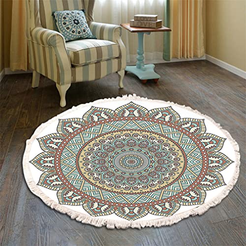 Teppich Rund Bohemian Blume Groß Teppich Mandala Muster Quasten Waschbarer Baumwolle Teppich Wohnzimmer Schlafzimmer (60cm,Grün-Gelb) von Tomifine