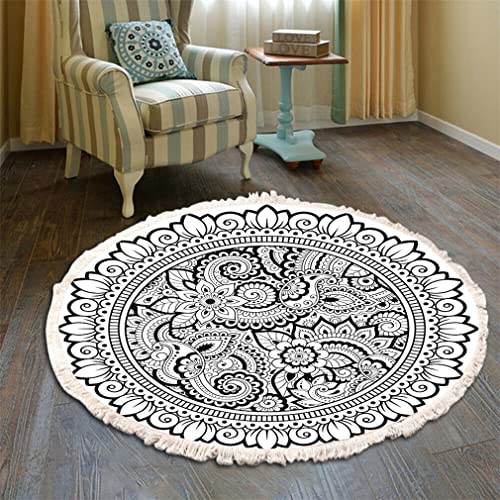 Teppich Rund Bohemian Blume Groß Teppich Mandala Muster Quasten Waschbarer Baumwolle Teppich Wohnzimmer Schlafzimmer (80cm,Schwarz-Weiss) von Tomifine