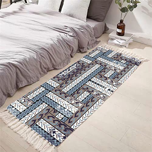 Tomifine Flachgewebe Teppich mit Quasten, Geometrischem Rautenmuster Vintage Teppich Baumwolle Waschbar Fußmatte (50x80 cm,Blau Grau) von Tomifine