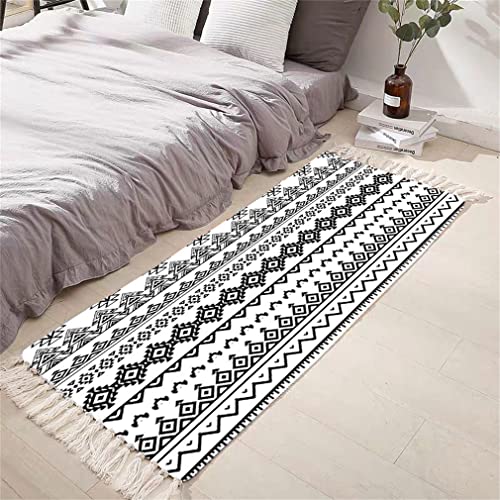 Tomifine Flachgewebe Teppich mit Quasten, Geometrischem Rautenmuster Vintage Teppich Baumwolle Waschbar Fußmatte (50x80 cm,Schwarz Weiss) von Tomifine