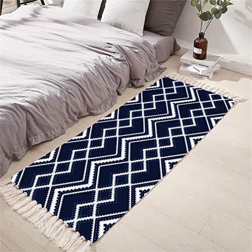 Tomifine Flachgewebe Teppich mit Quasten, Geometrischem Rautenmuster Vintage Teppich Baumwolle Waschbar Fußmatte (50x80 cm,Weiß Blau) von Tomifine