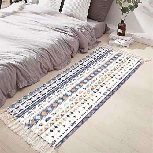 Tomifine Flachgewebe Teppich mit Quasten, Geometrischem Rautenmuster Vintage Teppich Baumwolle Waschbar Fußmatte (60x90 cm,Blau Orange) von Tomifine