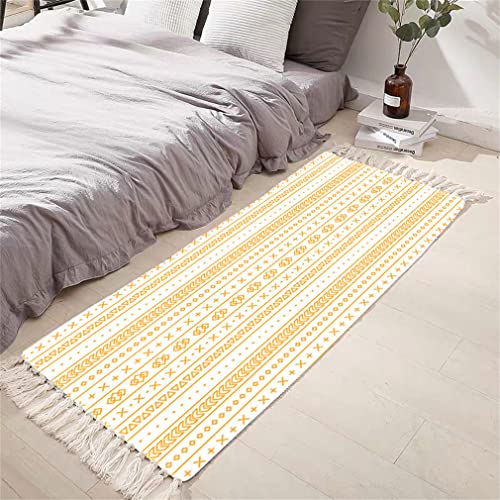 Tomifine Flachgewebe Teppich mit Quasten, Geometrischem Rautenmuster Vintage Teppich Baumwolle Waschbar Fußmatte (60x90 cm,Gelb) von Tomifine
