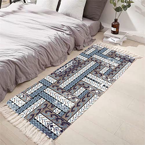 Tomifine Flachgewebe Teppich mit Quasten, Geometrischem Rautenmuster Vintage Teppich Baumwolle Waschbar Fußmatte (90x180 cm,Blau Grau) von Tomifine