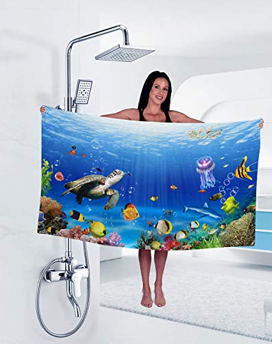 Tomifine Große Strandtücher Badetuch Schnell Trocknend Wasseraufnahme Extra Microfiber 3D Unterwasserwelt (180 x 90 cm,Meeresschildkröte) von Tomifine
