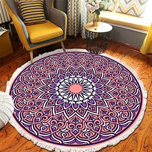 Tomifine Mandala Rund Teppich Quasten, Böhmen Handgewebte Baumwolle Teppiche für Schlafzimmer Wohnzimmer Hausdekor (100 cm,Lila Weiß) von Tomifine