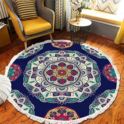 Tomifine Mandala Rund Teppich Quasten, Böhmen Handgewebte Baumwolle Teppiche für Schlafzimmer Wohnzimmer Hausdekor (120 cm,Blau Grün) von Tomifine