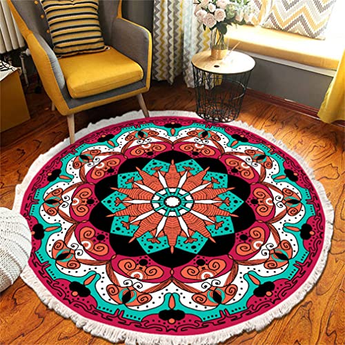 Tomifine Mandala Rund Teppich Quasten, Böhmen Handgewebte Baumwolle Teppiche für Schlafzimmer Wohnzimmer Hausdekor (120 cm,Grün Rot) von Tomifine