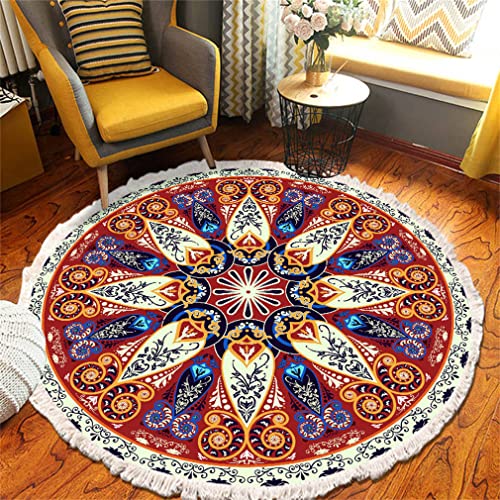 Tomifine Mandala Rund Teppich Quasten, Böhmen Handgewebte Baumwolle Teppiche für Schlafzimmer Wohnzimmer Hausdekor (120 cm,Orange Blau) von Tomifine