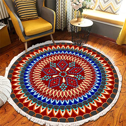 Tomifine Mandala Rund Teppich Quasten, Böhmen Handgewebte Baumwolle Teppiche für Schlafzimmer Wohnzimmer Hausdekor (120 cm,Rot Blau) von Tomifine
