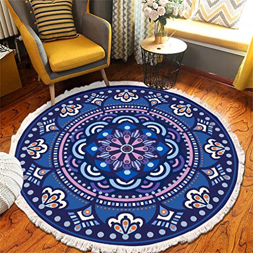 Tomifine Mandala Rund Teppich Quasten, Böhmen Handgewebte Baumwolle Teppiche für Schlafzimmer Wohnzimmer Hausdekor (60 cm,Dunkelblau) von Tomifine