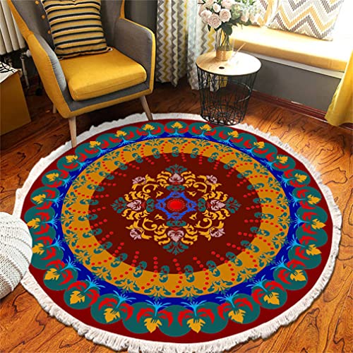 Tomifine Mandala Rund Teppich Quasten, Böhmen Handgewebte Baumwolle Teppiche für Schlafzimmer Wohnzimmer Hausdekor (60 cm,Gelb Rot) von Tomifine