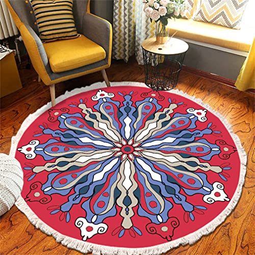 Tomifine Mandala Rund Teppich Quasten, Böhmen Handgewebte Baumwolle Teppiche für Schlafzimmer Wohnzimmer Hausdekor (60 cm,Rot Grau) von Tomifine