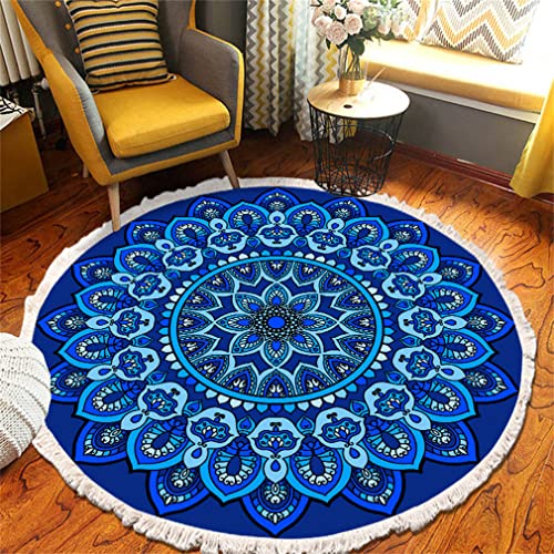 Tomifine Mandala Rund Teppich Quasten, Böhmen Handgewebte Baumwolle Teppiche für Schlafzimmer Wohnzimmer Hausdekor (90 cm,Blau) von Tomifine