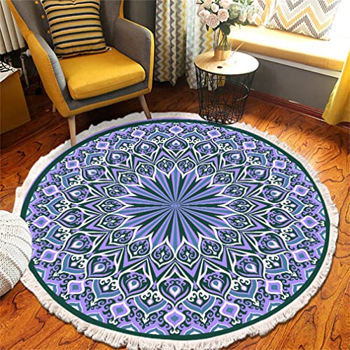 Tomifine Mandala Rund Teppich Quasten, Böhmen Handgewebte Baumwolle Teppiche für Schlafzimmer Wohnzimmer Hausdekor (90 cm,Blau Violett) von Tomifine