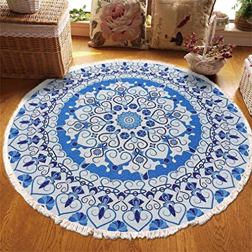 Tomifine Rund Teppich Mandala Böhmen, Handgewebte Teppiche Blumen Teppich Baumwolle Polyester mit Quasten Waschbar für Wohnzimmer Schlafzimmer Küche (120 cm,Blau grau) von Tomifine