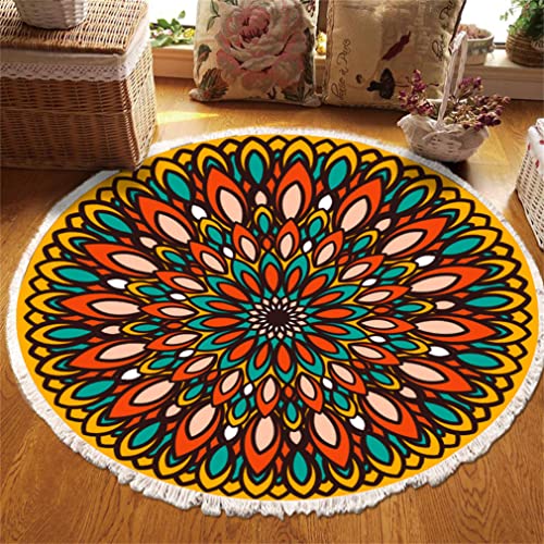 Tomifine Rund Teppich Mandala Böhmen, Handgewebte Teppiche Blumen Teppich Baumwolle Polyester mit Quasten Waschbar für Wohnzimmer Schlafzimmer Küche (150 cm,Orange b) von Tomifine