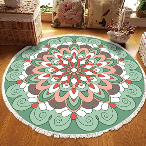 Tomifine Rund Teppich Mandala Böhmen, Handgewebte Teppiche Blumen Teppich Baumwolle Polyester mit Quasten Waschbar für Wohnzimmer Schlafzimmer Küche (200 cm,Grün) von Tomifine