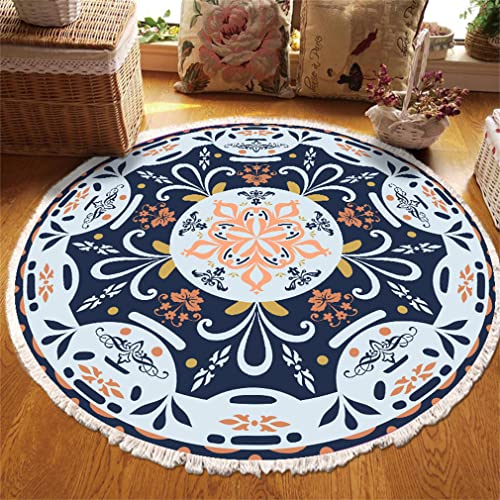 Tomifine Rund Teppich Mandala Böhmen, Handgewebte Teppiche Blumen Teppich Baumwolle Polyester mit Quasten Waschbar für Wohnzimmer Schlafzimmer Küche (90 cm,Dunkelblau) von Tomifine