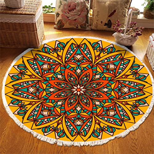 Tomifine Rund Teppich Mandala Böhmen, Handgewebte Teppiche Blumen Teppich Baumwolle Polyester mit Quasten Waschbar für Wohnzimmer Schlafzimmer Küche (90 cm,Gelb a) von Tomifine