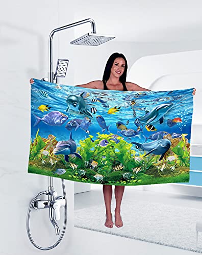 Tomifine Strandtuch Mikrofaser Badetuch Bedrucktes Delfin und Unterwasserwelt Badetuch Weichheit Saugfähigkeit (70 x 150 cm,Delfin a) von Tomifine