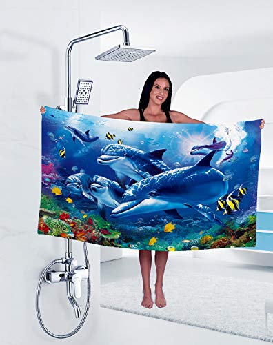 Tomifine Strandtuch Mikrofaser Badetuch Bedrucktes Delfin und Unterwasserwelt Badetuch Weichheit Saugfähigkeit (70 x 150 cm,Delfin b) von Tomifine