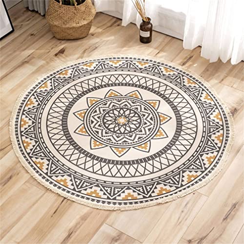 Tomifine Teppich Handgewebte Baumwolle Teppiche mit Quasten Abwaschbar Bohemian Teppich Rund für Wohnzimmer Schlafzimmer (90cm,Gelb Grau) von Tomifine