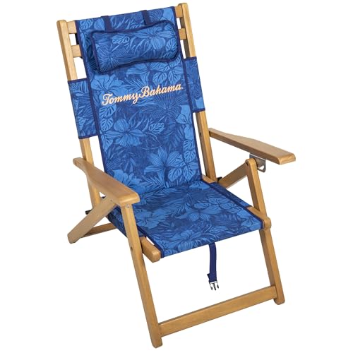 Tommy Bahama Faltbarer Strandstuhl mit 3 Positionen und Aufbewahrungstasche mit Reißverschluss, tragbarer Liegestuhl für den Außenbereich mit hochwertigem Eukalyptusholzrahmen und Stoffschlingensitz von Tommy Bahama