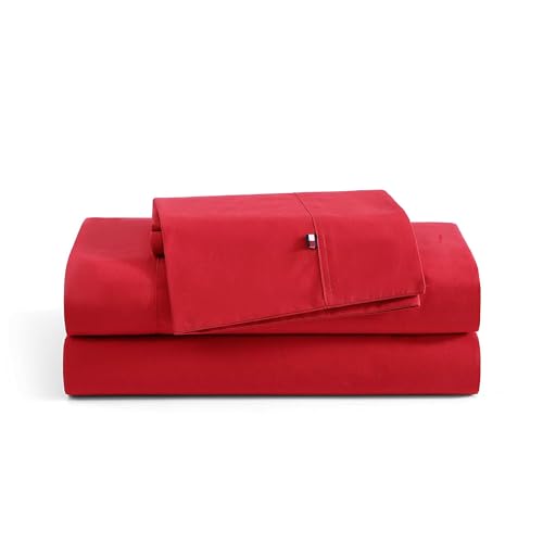 Tommy Hilfiger Bettlaken-Set, Baumwoll-Perkal-Bettwäsche mit passenden Kissenbezügen, frisch und kühl, solide Essentials für Zuhause (Rot, King-Size) von Tommy Hilfiger