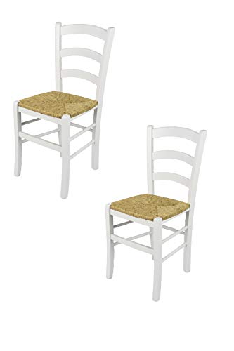 t m c s Tommychairs - 2er Set Stühle Venezia für Küche und Esszimmer, Robuste Struktur aus lackiertem Buchenholz im Farbton Weiss (deckend) und Sitzfläche aus Stroh von t m c s